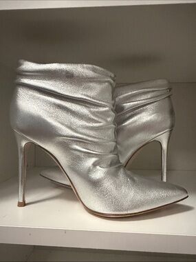 Gianvito Rossi Metallic Silver Ruched Pointed Ankle Booties